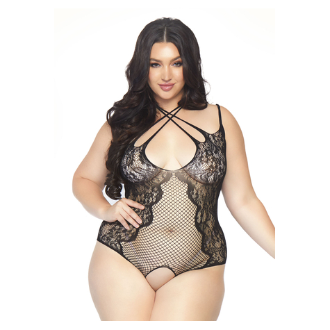 Net And Lace Crotchless Teddy With Multi Strap Wrap Around Halter And Faux Lace Up Back.