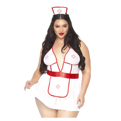 3 Pc Nightshift Nurse, Includes Deep-V Babydoll Dress, G-String, And Matching Headband.