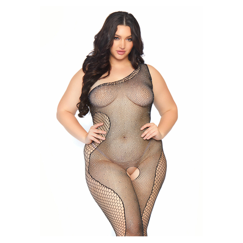 Crystalized Fishnet Asymmetrical Bodystocking With Industrial Net Side Accent.