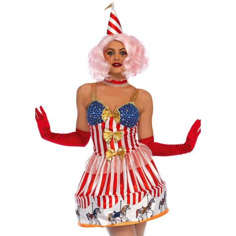 3 Ptl. Karussell Clown Kostüm, Enthalt Ein Zirkus-Themen-Kleid Mit Reifen Rock Mit Karussell Abdruck