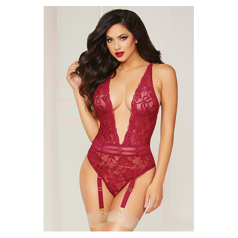 Floral Lace Teddy Wine O/S